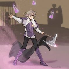 a drawing of a person with an umbrella in their hand and purple dust behind them