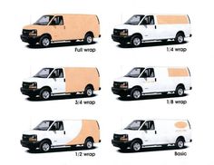 four different types of white vans with brown panels on the side and bottom, all labeled in black