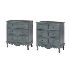 two gray dressers side by side with gold knobs on the handles and legs