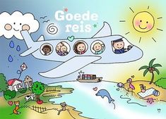 an airplane flying over a beach with people on it and the words goede reis