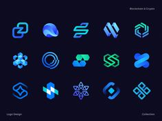 various logos designed in blue and green on a dark background, including the letter s