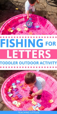 two children playing with letters and numbers in an inflatable pool on the ground