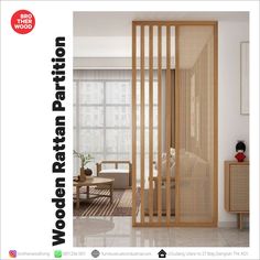 an advertisement for a wooden partition in a living room with white walls and flooring