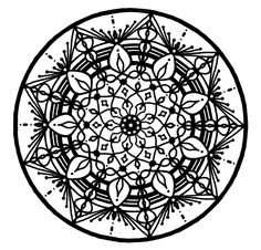 a black and white drawing of a flower in a circular shape with leaves on it