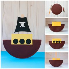 the paper plate boat is made to look like a pirate ship