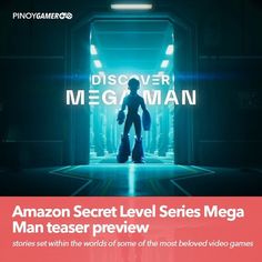 an advertisement for the amazon secret level series mega man, featuring a person holding luggage