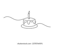 a birthday cake with a candle floating in the water line art icon on white background