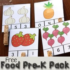 four pictures of fruits and vegetables with the words free printable food prek pack