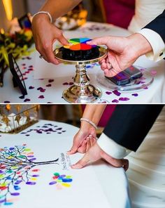 the bride and groom are getting ready to cut their wedding cake with colored crayons