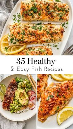 fish and vegetables with the title overlay that reads 35 healthy & easy fish recipes