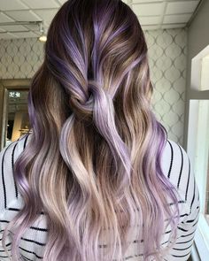 Brown Hair With Purple Highlights Subtle, Hair Ideas For Summer 2024, Color Hair Ideas For Blondes, Blonde With Purple Hair, Blonde Balayage With Purple, Long Hair Dye Ideas, Unnatural Hair Color Ideas, Lilac Hair Color