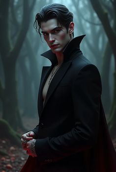 a male vampire in a black suit and red cape