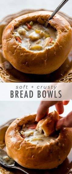 two pictures of bread bowls with soup in them