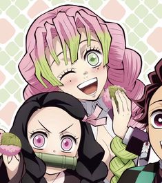 two girls with pink hair and green eyes are posing for the camera, while one girl has