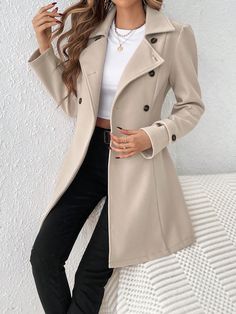 Apricot Casual Collar Long Sleeve Woven Fabric Plain Regular Embellished Non-Stretch  Women Clothing Winter Mode Outfits, Girls Attire, Denim Essentials, Winter Fashion Outfits Casual, Cozy Coats, Women Overcoat, Outfit Inspiration Fall, Fall Aesthetic, Fashion Items