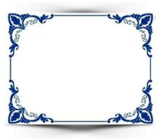 a blue and white frame with an ornate design on the border, in front of a white background