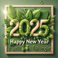 a happy new year greeting card with green leaves and numbers on the front, surrounded by water droplets