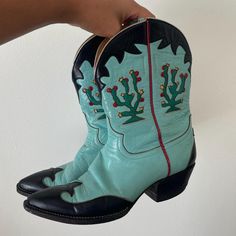 Vintage 90s rare Rocketbuster cowboy boots  slightly worn  Very rare!  Size 7 women's  Short style boots  10" length from heel to top of the boot Turquoise & black leather with cactus design Rocketbuster Boots, 90s Cowboy, Custom Cowboy Boots, Cactus Design, Thousand Oaks, Style Boots, Cowboy Western, Western Cowboy Boots, Western Cowboy