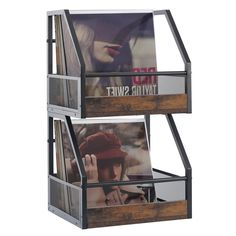 two wooden shelves with photos on them and one holding a magazine rack in the middle