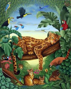 a painting of a leopard and other animals in the jungle