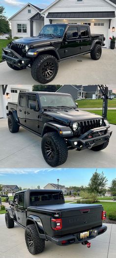 four different views of the front and back of a black jeep