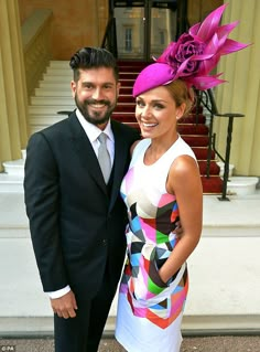 Standing out: Katherine opted for a dress with a bright geometric pattern and a fuschia hat as she posed with Andrew outside the Palace Racing Wallpaper, Bright Outfit, Derby Wedding, Katherine Jenkins, Dresses For The Races