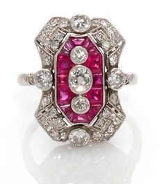 An art deco ruby and diamond ring, French, circa 1925 featuring calibré-cut rubies accenting oval, old European, single and rose-cut diamonds; reference no. 16497; with French assay mark; mounted in platinum. Bijoux Art Deco, Art Deco Rings, Deco Rings, Ruby And Diamond Ring, Art Deco Jewellery, Ruby Jewelry, Art Deco Diamond, Art Deco Art, Deco Jewelry