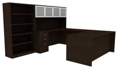 an office desk with shelves and cupboards in the shape of a bookcase,