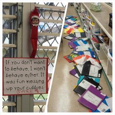 the elf is sitting on the bookshelf next to the shelves full of children's books