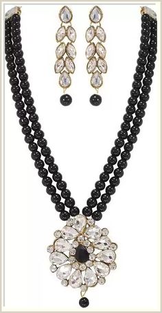 Traditional Indian Bollywood Black Pearls CZ Wedding Long Necklace Earrings Set, Medium Long Choker Necklace, Maang Tikka Set, Black Pearls, Indian Wedding Wear, Bollywood Wedding, Multi Layer Necklace