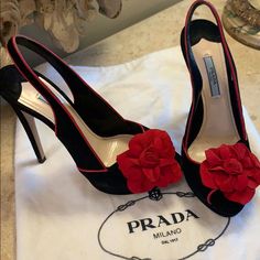 Prada Shoes | Stunning Rare Prada Suede Slingback Heel. | Color: Black/Red | Size: 7 Prada Slingback, Prada Aesthetic, Accent Flowers, Open Toe Shoes