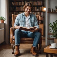 a man sitting in a chair reading a book and smiling at the camera while holding a coffee mug