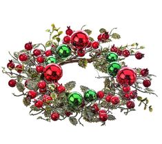 a christmas wreath with red, green and silver baubles on it's branches