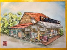 a watercolor painting of a store with an awning over it's roof