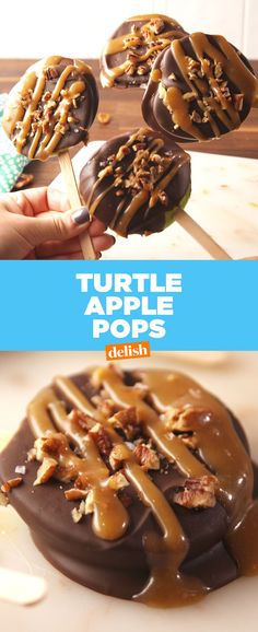 chocolate covered apple pops with caramel drizzle and pecans in the middle