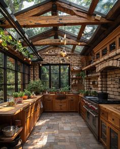 a kitchen filled with lots of wooden cabinets and counter top space next to an oven