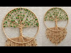 two pieces of art that are made out of string and beaded with green beads