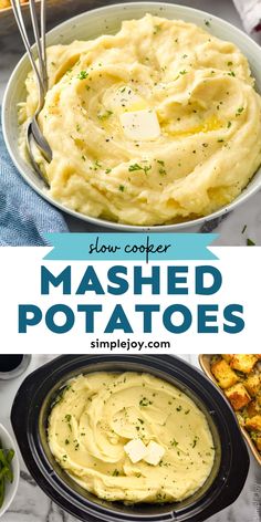 These Crockpot Mashed Potatoes are the best I have ever had! Creamy, buttery, and made completely in the slow cooker. Mashed Potatoes For A Crowd, Holiday Potatoes, Crockpot Sides, Slow Cooker Mashed Potatoes, Baked Brisket, Mashed Potatoes Recipe Easy, Crockpot Mashed Potatoes, Thanksgiving Dish, Easy Mashed Potatoes