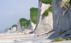 the beach is lined with white cliffs and grass growing on top of each other's sides