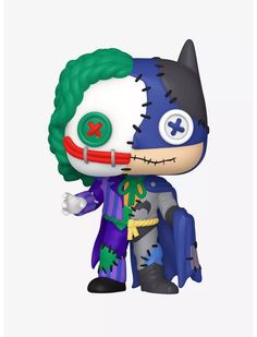 the joker and batman pop vinyl figures are shown in this image, one with green hair