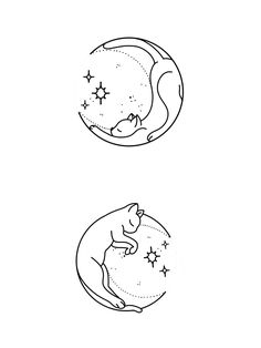 two black and white drawings of cats sleeping on the moon, with stars in the sky