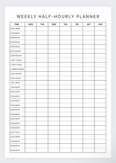 the printable weekly half - hour planner is shown in black on a white background