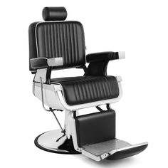 a black and white barber chair sitting on top of a metal base with the seat up