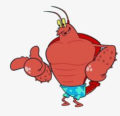 a cartoon lobster with two thumbs up and one hand in the air, while another is holding