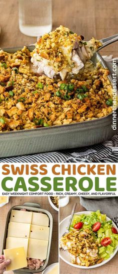 a collage of photos showing how to make swiss chicken casserole