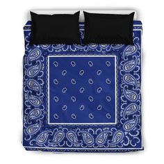 a blue bandanna with black pillows and two pillow cases on the bottom half of it