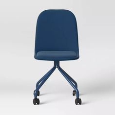 a blue chair with wheels on it