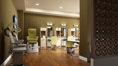 the interior of a hair salon with chairs and mirrors