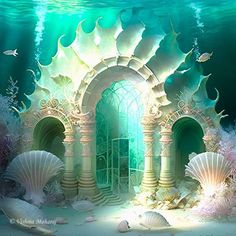 an underwater scene with seashells and arches