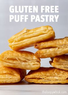 gluten free puff pastry stacked on top of each other with text overlay